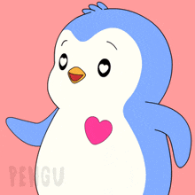 a blue and white penguin with a pink heart in its chest