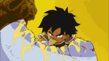 a cartoon character with a purple glove on is covered in yellow liquid