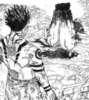 a black and white drawing of a man with a tattoo on his arm standing next to a tree stump .