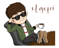 a cartoon of a man wearing sunglasses and holding a cup of coffee with the words " heulabular " above him
