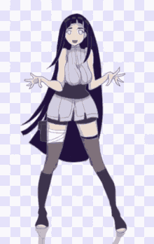 a girl with long black hair is standing in front of a checkered background and giving a peace sign .