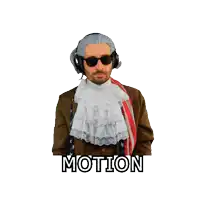 a man wearing a wig and sunglasses is waving with the word motion behind him