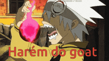 a cartoon character is holding a pink object with the words harem do goat written below him