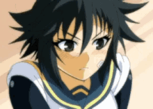 a close up of a girl with black hair and a white shirt