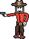 a pixel art of a cowboy holding a gun with the letter b on his hat