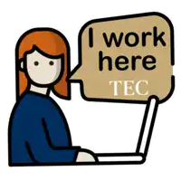 an icon of a woman sitting at a laptop with a speech bubble that says i work here tec