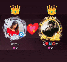 a picture of a woman and a picture of a man with a heart and crowns on them