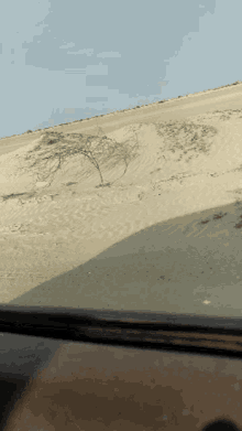 a view of a sand dune from inside a car