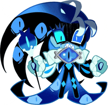 a cartoon character with a blue eye and a crown