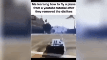 a car is driving down a road in a video game with a caption that says me learning how to fly a plane