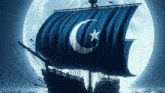 a sailboat with a crescent moon and star on the sails