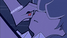 a close up of a cartoon character 's face with a purple background .