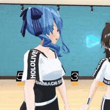 a girl with blue hair is wearing a shirt that says hololive on it