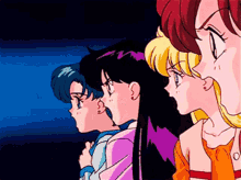 a group of cartoon characters are standing next to each other .