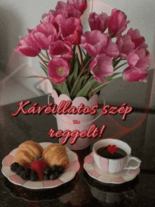 a bouquet of pink tulips sits on a table next to a cup of coffee