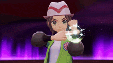 a cartoon character with a white hat and a green jacket is holding something in her hands