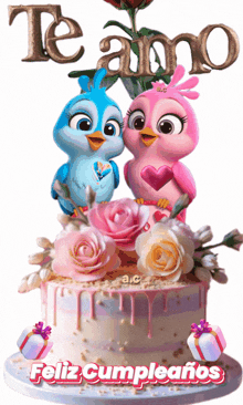 a birthday cake with two birds on top and the words te amo feliz cumpleanos below it