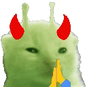 a green cat with red horns on its head is holding a yellow object .