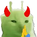a green cat with red horns on its head is holding a yellow object .