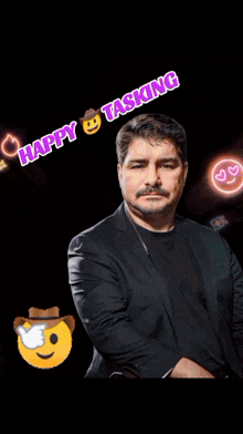a man in a black suit is surrounded by neon lights and the words happy tasking