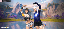 two women are posing for a picture in front of a screen that says free fire
