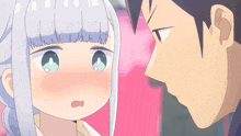 a man and a girl are looking at each other in a cartoon