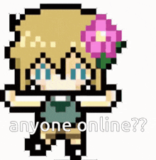 a pixel art of a girl with a flower in her hair and the words " anyone online " below her