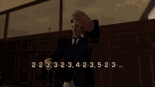 a man in a suit and tie is standing in front of a window with the number 2 written on the bottom
