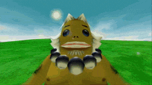a cartoon character with a beard is standing in a grassy field