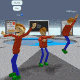 three cartoon characters are dancing in front of a sign that says " dude fire "