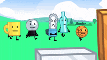 a group of cartoon characters including a cup a chainsaw a bottle and a basketball are standing in a field