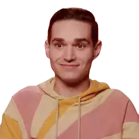 a man wearing a pink and yellow striped hoodie