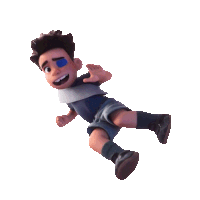 a cartoon character with a blue eye and a bandage around his neck is flying through the air