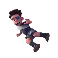 a cartoon character with a blue eye and a bandage around his neck is flying through the air