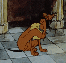 a cartoon dog with a collar is sitting on a tiled floor