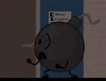 a cartoon bomb with a sad face is standing in front of a door in a room .