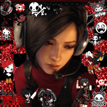 a picture of a girl wearing headphones with a picture of a skull and crossbones on her head