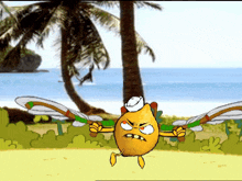 a cartoon of a lemon wearing a white hat and holding a gun