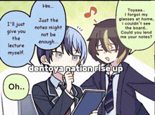 two anime characters are talking to each other and one of them is holding a clipboard