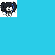 a drawing of a girl with black hair and blue ponytails on a blue background .