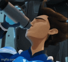 a cartoon character is drinking water from a bottle while looking through a telescope .