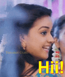 a close up of a woman 's face with the words hii written on it