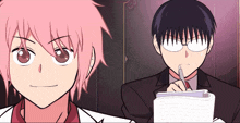 a boy with pink hair is standing next to a boy with black hair