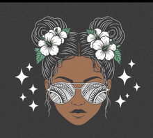 a drawing of a woman wearing sunglasses and buns with flowers in her hair