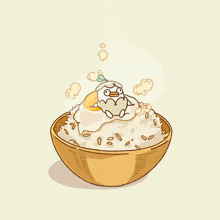 a cartoon drawing of a bowl of rice with a penguin on top of it