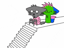 a cartoon drawing of a cat and a dog walking down stairs