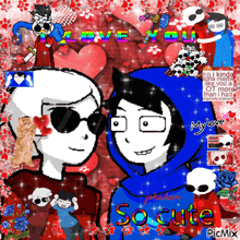 a couple of cartoon characters standing next to each other with the words " love you " on the top