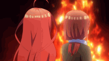 two anime girls are standing in front of a fire and one has the number 6 on her neck