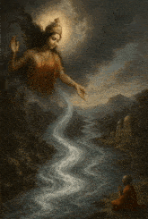 a painting of a woman with a crown on her head reaching out towards a river