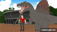 a cartoon of a man standing next to a large dinosaur with make a gif.com in the bottom right corner